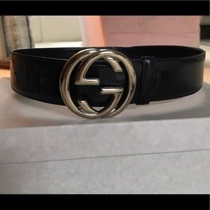 Authentic Black Gucci Silver logo Interlock Belt